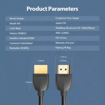 Vention prenosný HDMI kábel 3M čierny HDMI 2.0 18 Gbit/s