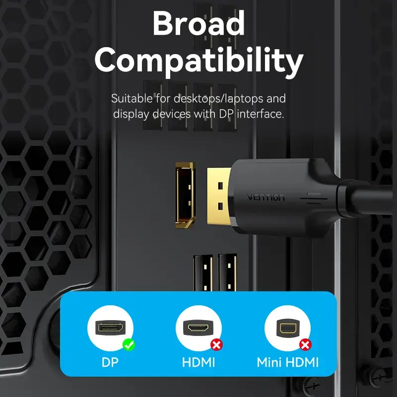 DisplayPort kábel, konektor samec-konektor samec, Vention, 1,5 m, 4K HD, čierny, priemer 6 mm