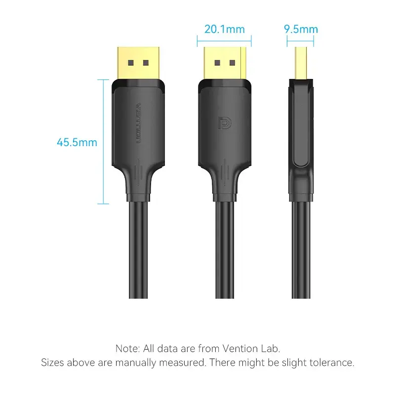 DisplayPort kábel, konektor samec-konektor samec, Vention, 1,5 m, 4K HD, čierny, priemer 6 mm