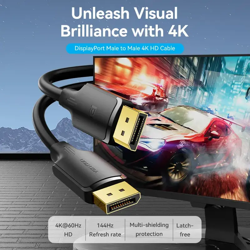 DisplayPort kábel, konektor samec-konektor samec, Vention, 1,5 m, 4K HD, čierny, priemer 6 mm