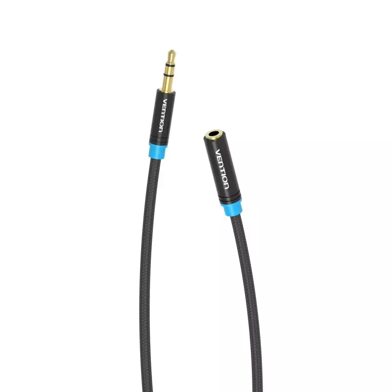 Audio predlžovací kábel Vention 3,5 mm 1,5 m, konektor samec na konektor samica, bavlnený obal, čierne kovové prevedenie