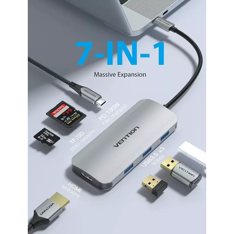 Dokovacia stanica Vention USB-C na HDMI USB 3.0x3 SD TF PD 100W sivá
