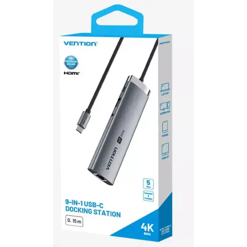 Vention TGVHB dokovacia stanica USB-C 9v1, 4K 60Hz, 100W PD, 0,15 m