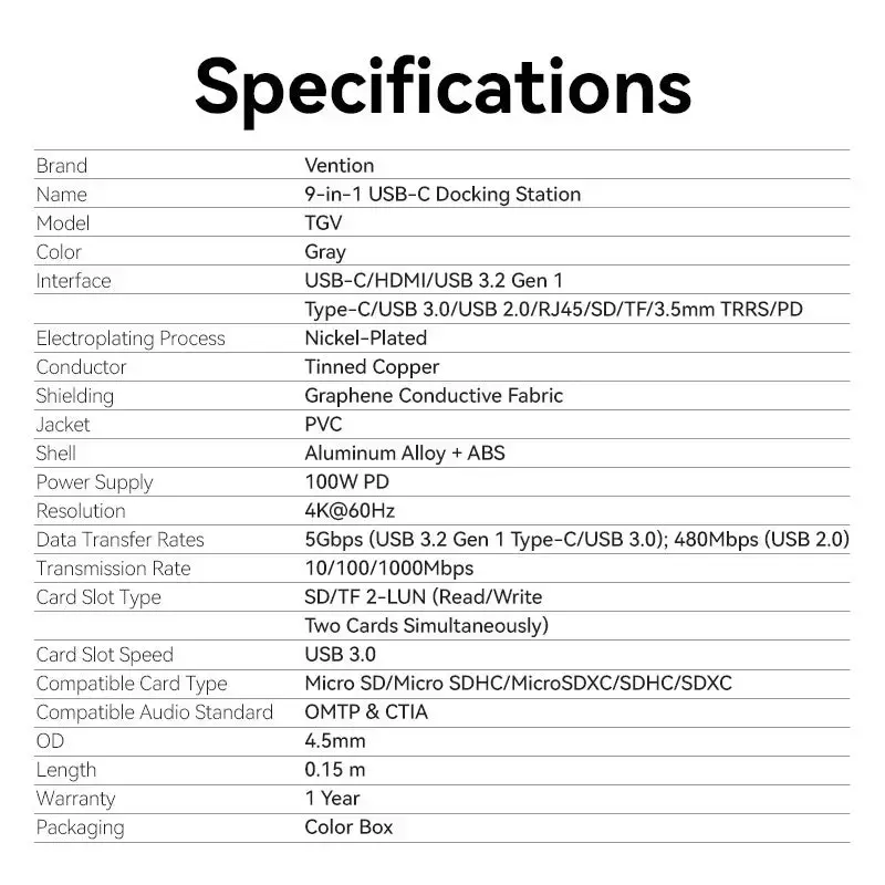 Vention TGVHB dokovacia stanica USB-C 9v1, 4K 60Hz, 100W PD, 0,15 m
