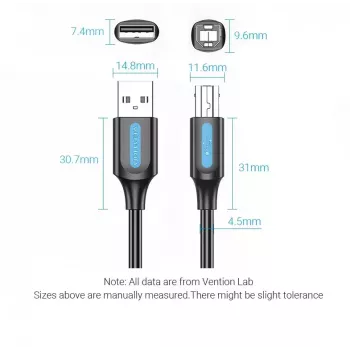 Kábel USB 2.0 A samec na B samec 3 m — Vention — čierny PVC, 480 Mbit/s, 2 A