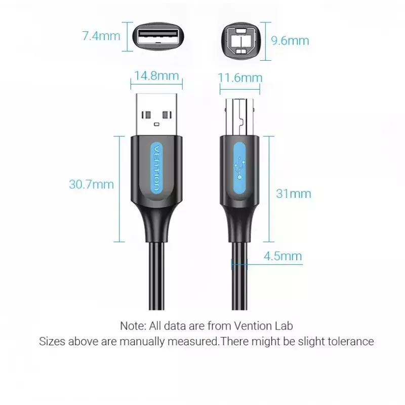 Kábel USB 2.0 A samec na B samec 3 m — Vention — čierny PVC, 480 Mbit/s, 2 A