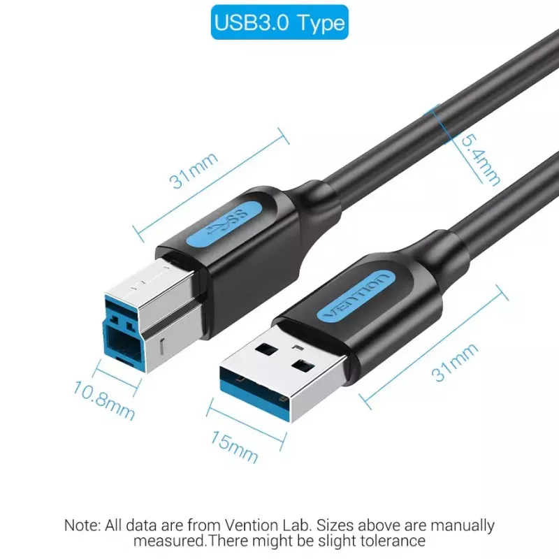 Vention COOBI tlačiarenský kábel USB 3.0, USB-A samec na USB-B samec, 3 m, 5 Gbps, čierny
