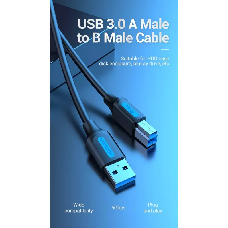 Vention COOBI tlačiarenský kábel USB 3.0, USB-A samec na USB-B samec, 3 m, 5 Gbps, čierny