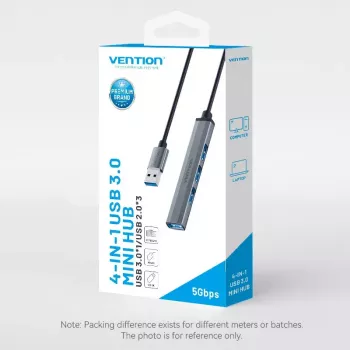 USB hub Vention CKOHB — 4-portový USB 3.2 Gen 1/USB 2.0 hub, 0,15 m kábel, sivý hliník