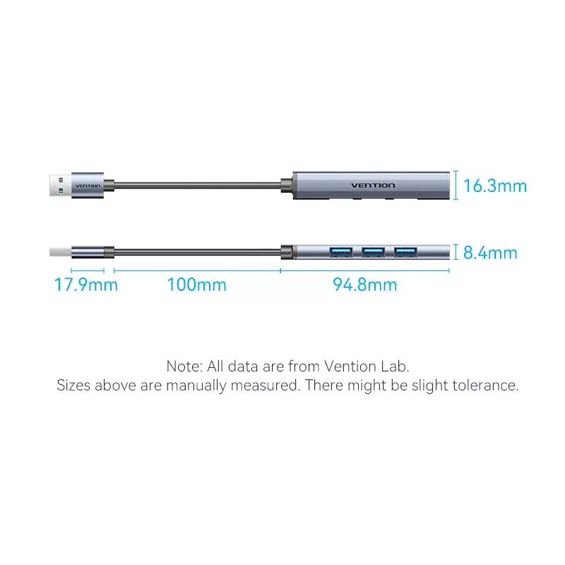 Vention CKOHB mini rozbočovač USB 3.0 4 v 1, 1x USB 3.0 + 3x USB 2.0, 5 Gbps, 0,15 m, hliník, sivý