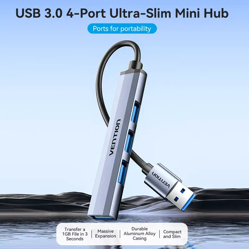 Vention CKOHB mini rozbočovač USB 3.0 4 v 1, 1x USB 3.0 + 3x USB 2.0, 5 Gbps, 0,15 m, hliník, sivý