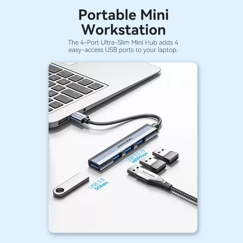 Vention CKOHB mini rozbočovač USB 3.0 4 v 1, 1x USB 3.0 + 3x USB 2.0, 5 Gbps, 0,15 m, hliník, sivý