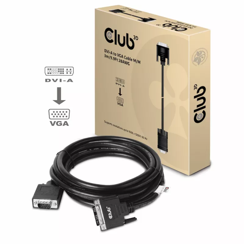 DVI-A na VGA kábel M/M CLUB3D CAC-1243 3m 28 AWG čierny