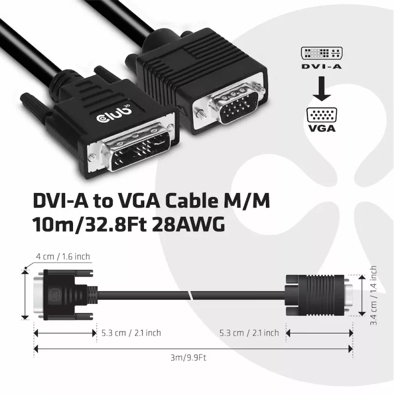 DVI-A na VGA kábel M/M CLUB3D CAC-1243 3m 28 AWG čierny