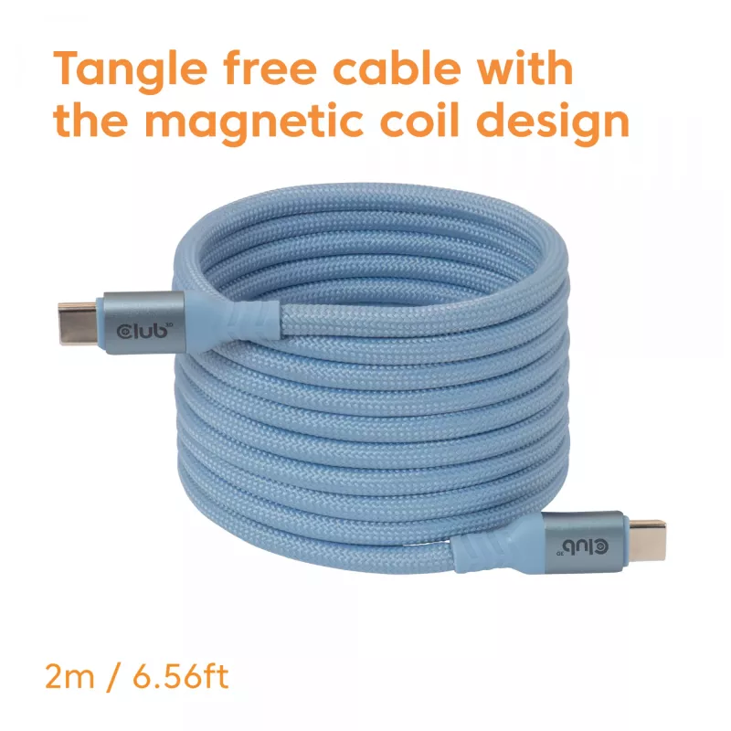 Club 3D CAC-3030 kábel USB-C Magnetic-Coil, 240 W PD3.1, obojsmerný, rýchle nabíjanie, 2 m (6,56 ft), modrý