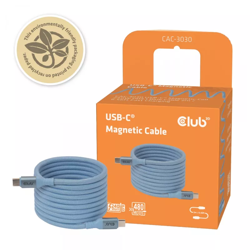 Club 3D CAC-3030 kábel USB-C Magnetic-Coil, 240 W PD3.1, obojsmerný, rýchle nabíjanie, 2 m (6,56 ft), modrý