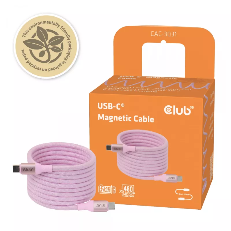CLUB3D USB-C Magnetic-Coil 240W ružový kábel 2m USB 2.0
