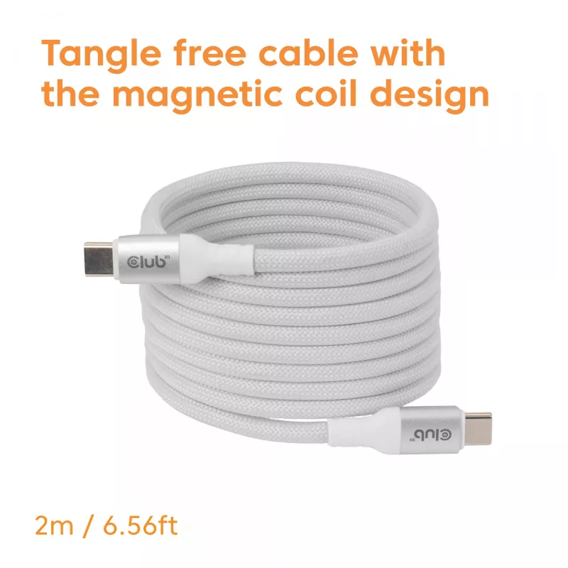 USB-C Magnetic-Coil kábel Club 3D CAC-3032 — biely, dizajn s magnetickou cievkou na nabíjanie a prenos dát