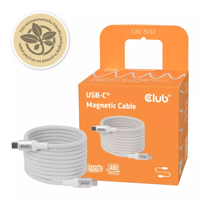 USB-C Magnetic-Coil kábel Club 3D CAC-3032 — biely, dizajn s magnetickou cievkou na nabíjanie a prenos dát