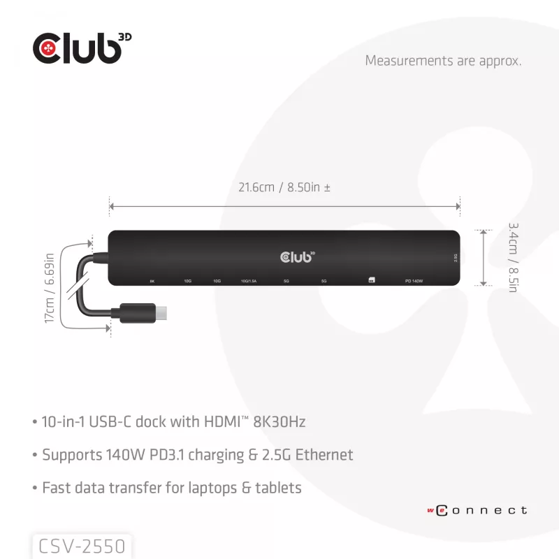 CLUB3D 10-1 prenosný dock USB Type-C® 10Gbps na HDMI™ 8K30Hz PD3.1 max. 140 Watt