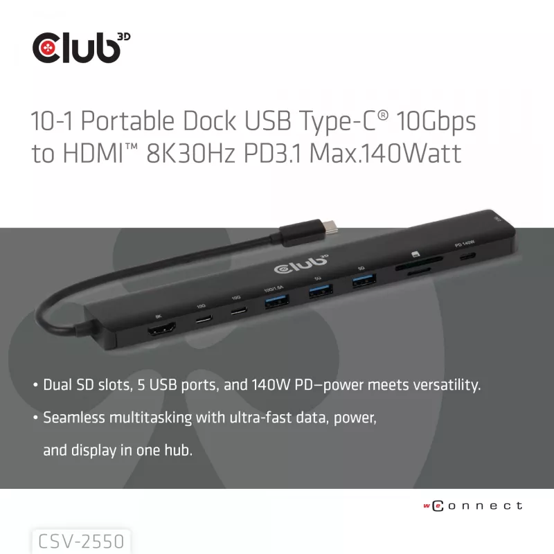 CLUB3D 10-1 prenosný dock USB Type-C® 10Gbps na HDMI™ 8K30Hz PD3.1 max. 140 Watt