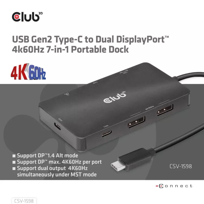 CLUB3D USB Gen2 Type-C na Dual DisplayPort 4k60Hz 7-in-1 HUB