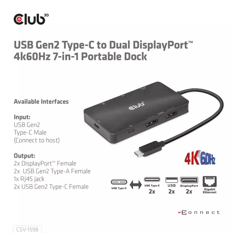 CLUB3D USB Gen2 Type-C na Dual DisplayPort 4k60Hz 7-in-1 HUB