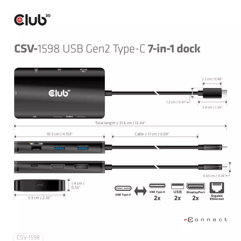 CLUB3D USB Gen2 Type-C na Dual DisplayPort 4k60Hz 7-in-1 HUB