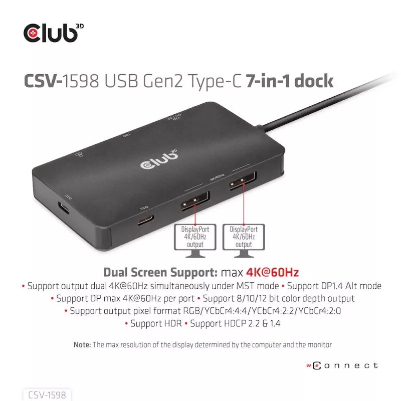 CLUB3D USB Gen2 Type-C na Dual DisplayPort 4k60Hz 7-in-1 HUB
