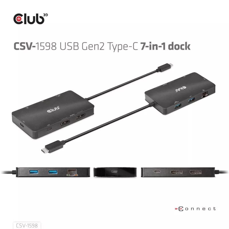 CLUB3D USB Gen2 Type-C na Dual DisplayPort 4k60Hz 7-in-1 HUB