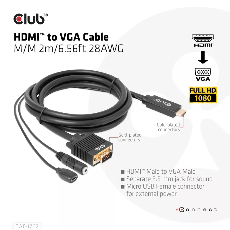 Club 3D CAC-1712 kábel HDMI na VGA M/M s napájaním Micro-USB a zvukom 3,5 mm, 2 m (6,56 ft), 28AWG