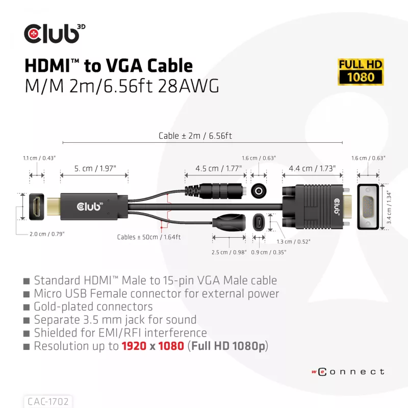 Club 3D CAC-1712 kábel HDMI na VGA M/M s napájaním Micro-USB a zvukom 3,5 mm, 2 m (6,56 ft), 28AWG