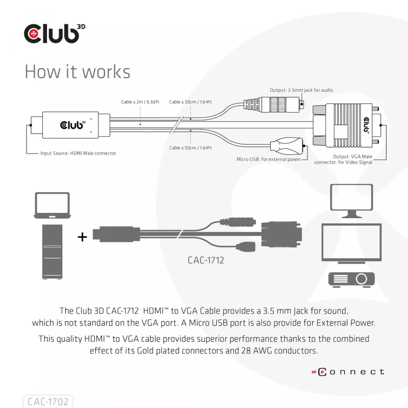 Club 3D CAC-1712 kábel HDMI na VGA M/M s napájaním Micro-USB a zvukom 3,5 mm, 2 m (6,56 ft), 28AWG