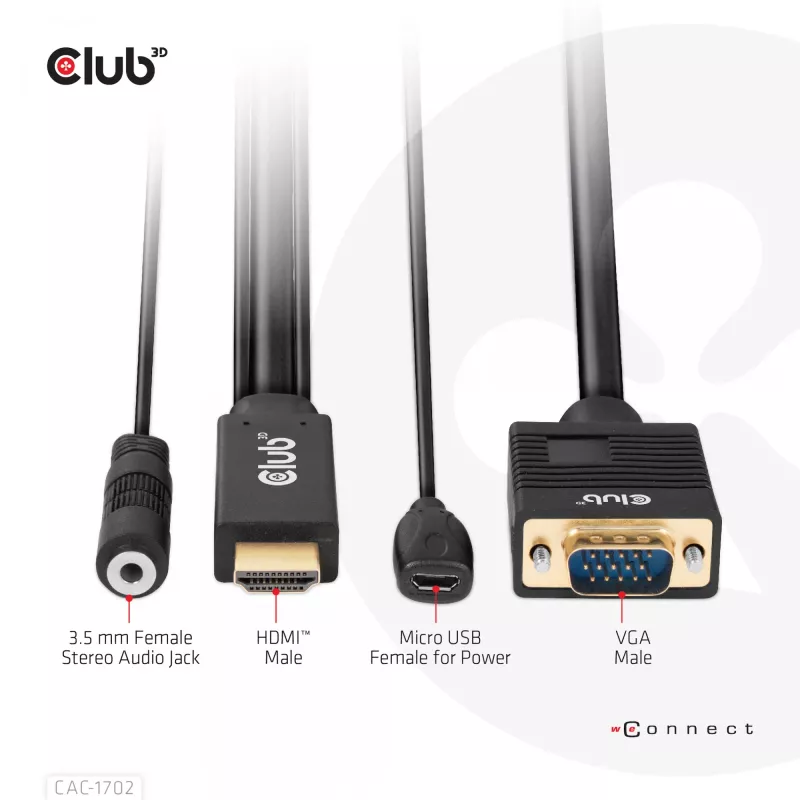 Club 3D CAC-1712 kábel HDMI na VGA M/M s napájaním Micro-USB a zvukom 3,5 mm, 2 m (6,56 ft), 28AWG