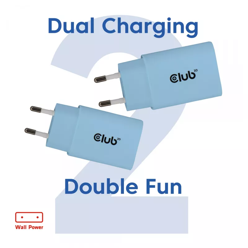 CLUB3D 2-pack USB-C nabíjačka 30 Watt biela, interiér, AC, modrá