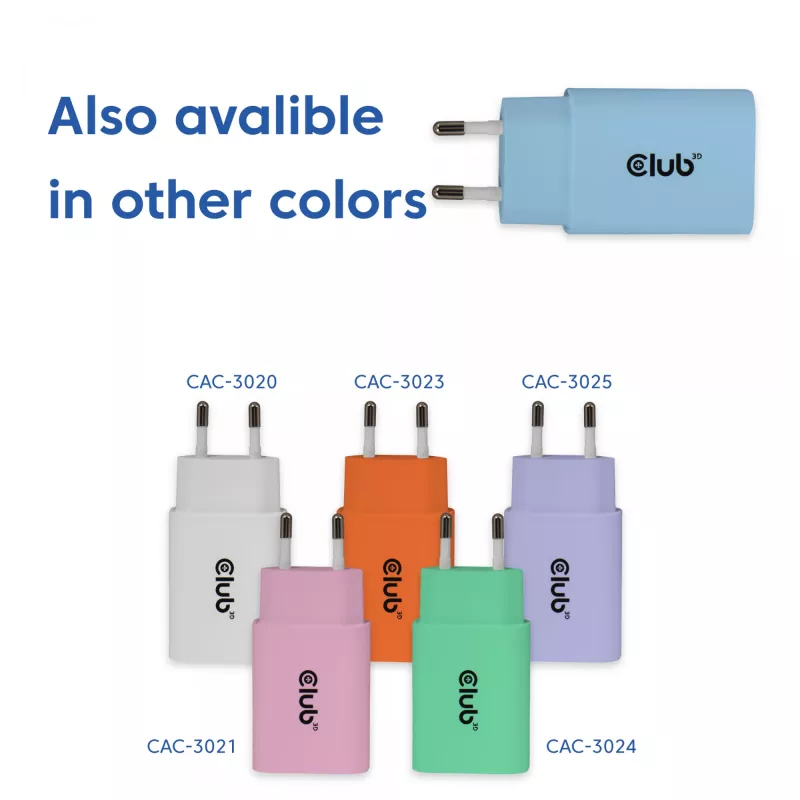 CLUB3D 2-pack USB-C nabíjačka 30 Watt biela, interiér, AC, modrá