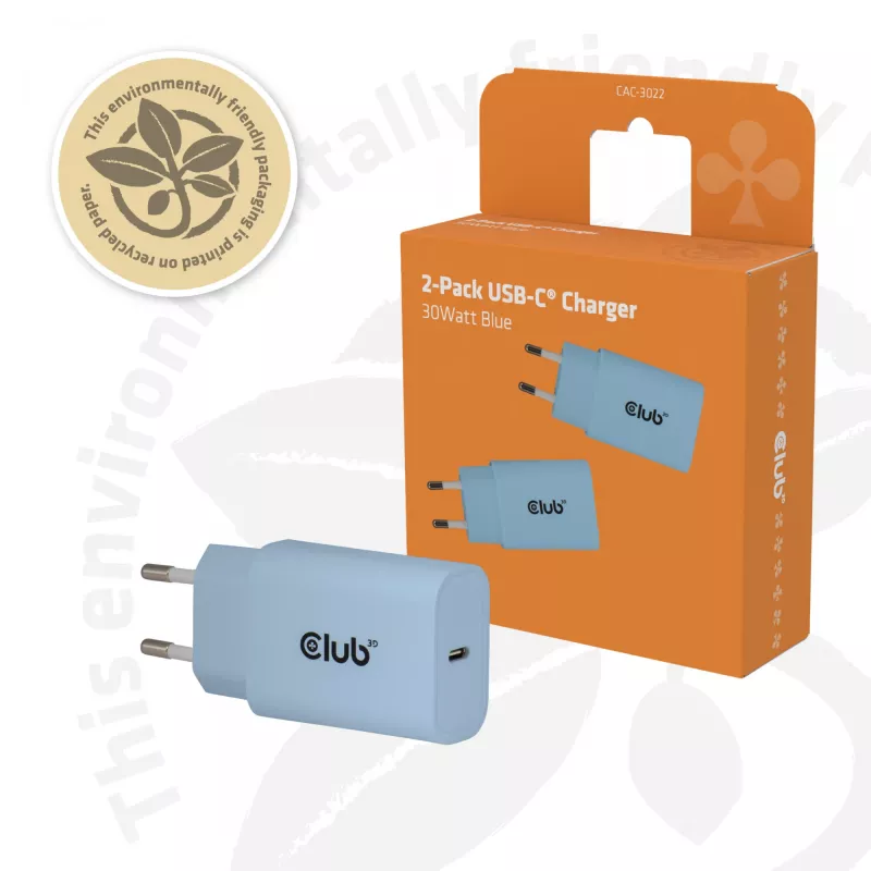 CLUB3D 2-pack USB-C nabíjačka 30 Watt biela, interiér, AC, modrá