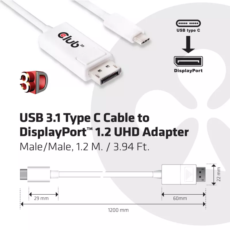 CLUB3D USB 3.1 typ C kábel na DisplayPort 1.2 UHD adaptér