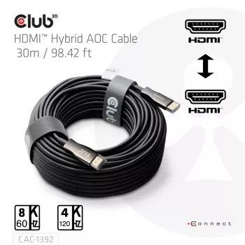 CLUB3D HDMI™ Hybrid AOC kábel 8K60Hz/4K120Hz 30m / 98,42 ft, 30 m, HDMI typ A (Standard), HDMI typ A (Standard), 48 Gbit/s, čierny