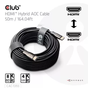 Club 3D HDMI Hybrid AOC kábel 8K60Hz / 4K120Hz 50 m, HDMI typ A konektor samec–konektor samec