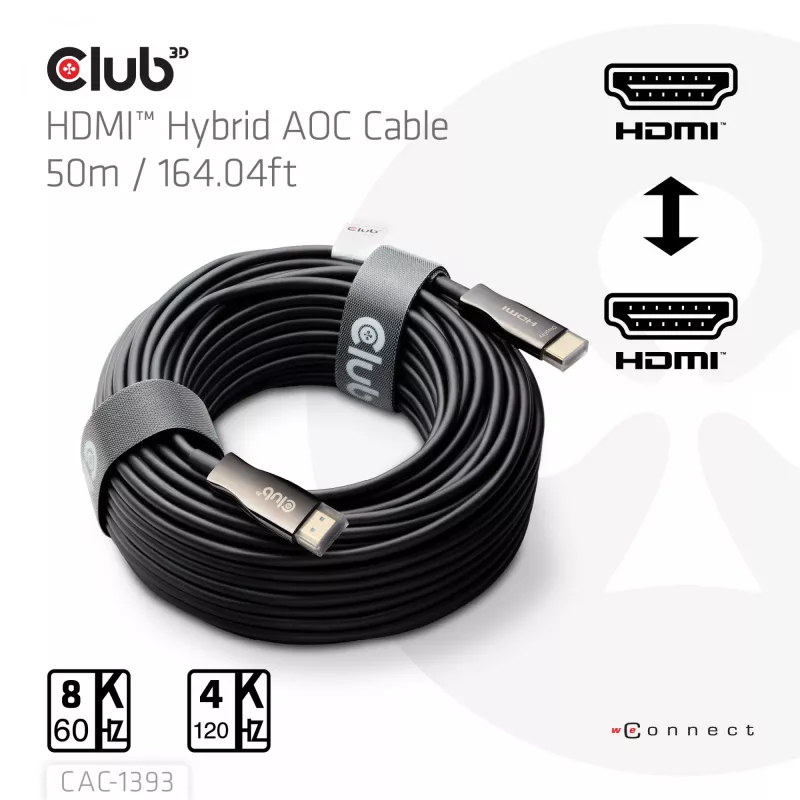 Club 3D HDMI Hybrid AOC kábel 8K60Hz / 4K120Hz 50 m, HDMI typ A konektor samec–konektor samec