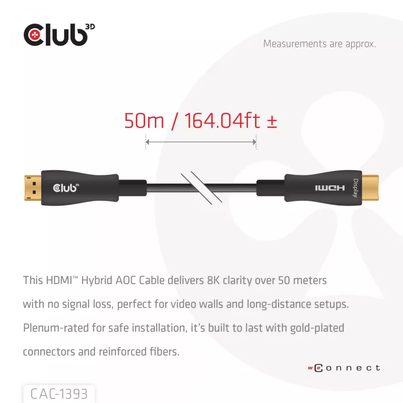 Club 3D HDMI Hybrid AOC kábel 8K60Hz / 4K120Hz 50 m, HDMI typ A konektor samec–konektor samec