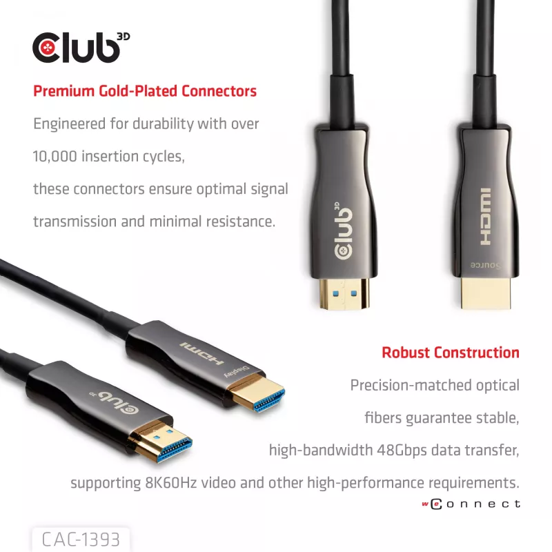 Club 3D HDMI Hybrid AOC kábel 8K60Hz / 4K120Hz 50 m, HDMI typ A konektor samec–konektor samec