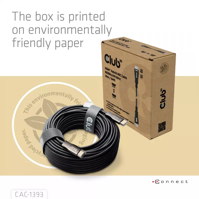 Club 3D HDMI Hybrid AOC kábel 8K60Hz / 4K120Hz 50 m, HDMI typ A konektor samec–konektor samec