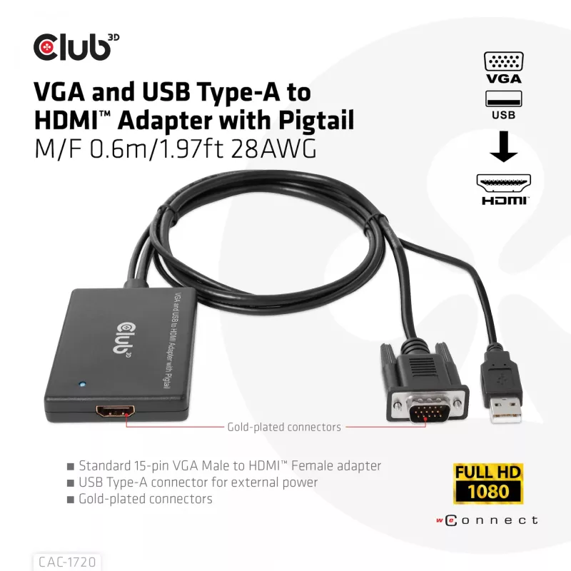 Club 3D CAC-1720 adaptér VGA a USB Type-A na HDMI s pigtailom M/F, 0,6 m (1,97 ft), 28AWG, čierny