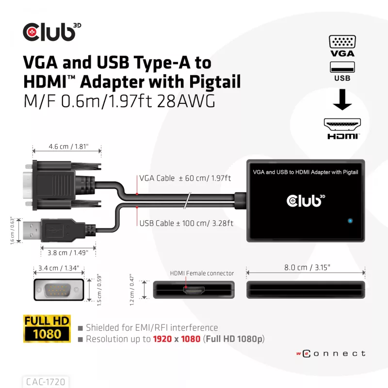 Club 3D CAC-1720 adaptér VGA a USB Type-A na HDMI s pigtailom M/F, 0,6 m (1,97 ft), 28AWG, čierny