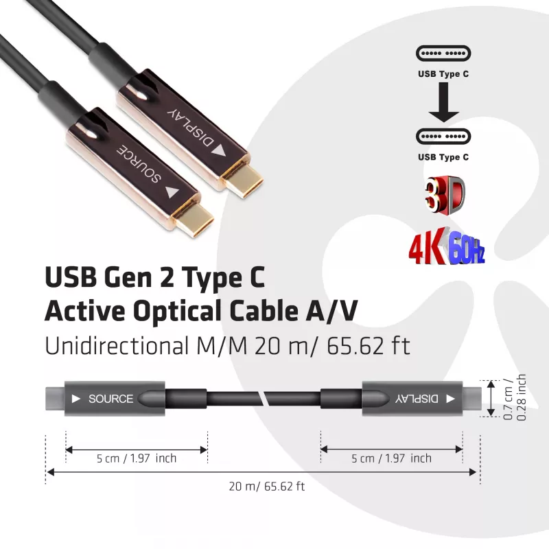 CLUB3D USB Gen 2 Type C Active Optical kábel A/V jednosmerný M/M 20 m