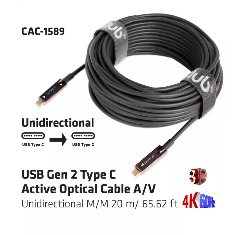 CLUB3D USB Gen 2 Type C Active Optical kábel A/V jednosmerný M/M 20 m