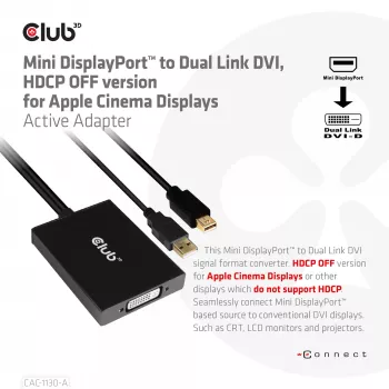 CLUB3D Mini DisplayPort na Dual Link DVI, HDCP OFF verzia pre Apple Cinema Displays aktívny adaptér