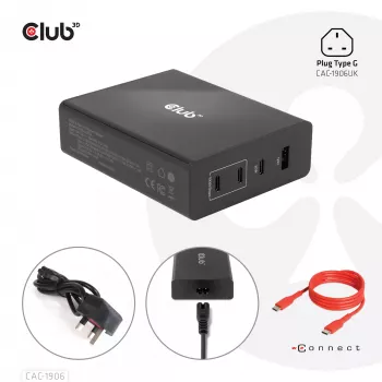 CLUB3D cestovná nabíjačka 132W GaN technológia, štyri porty USB Type-A a -C, podpora Power Delivery (PD) 3.0